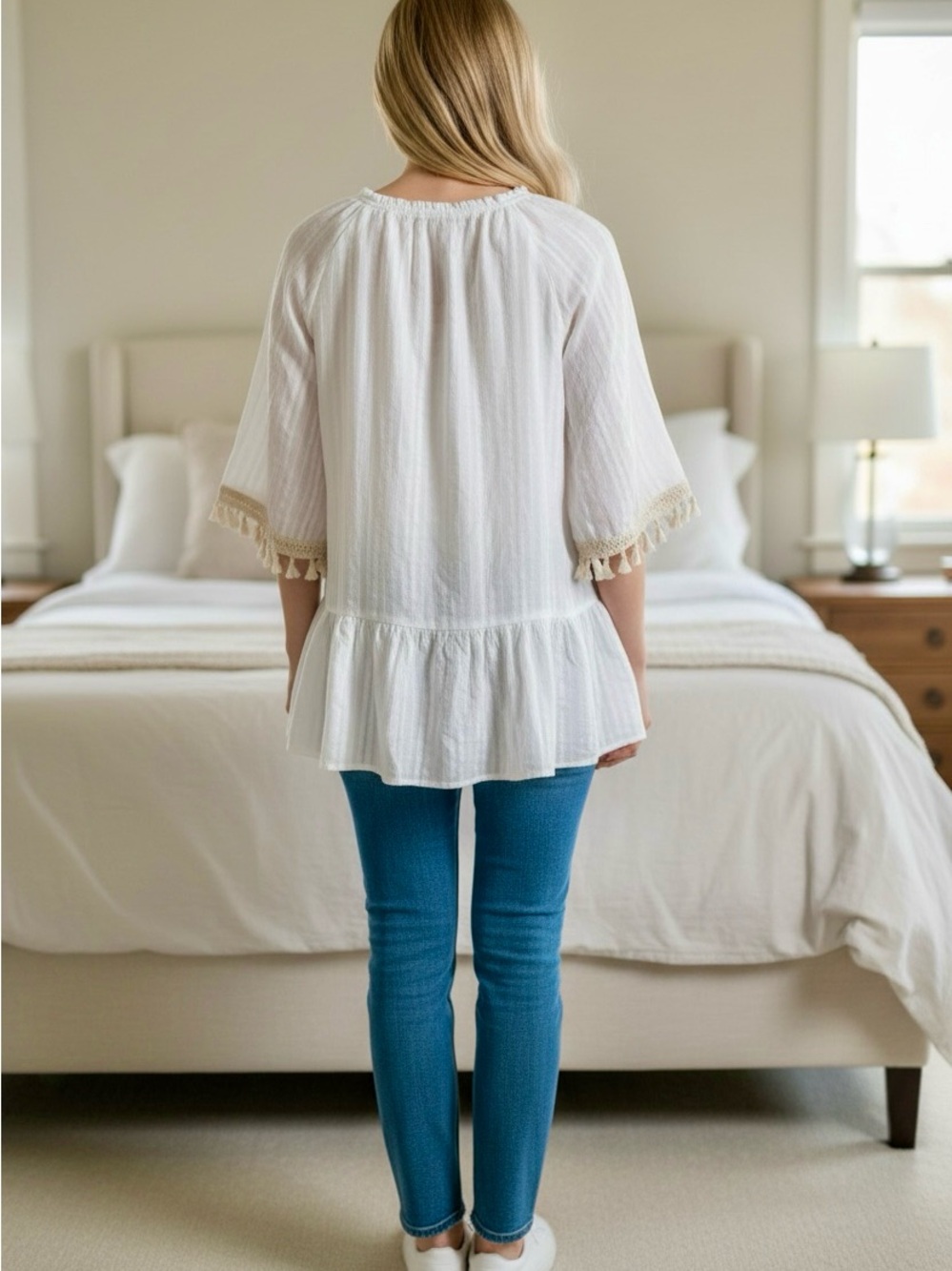 Boho Tassel Tie Peasant Top in Ivory with Beige Trim NWT - Picture 4 of 12